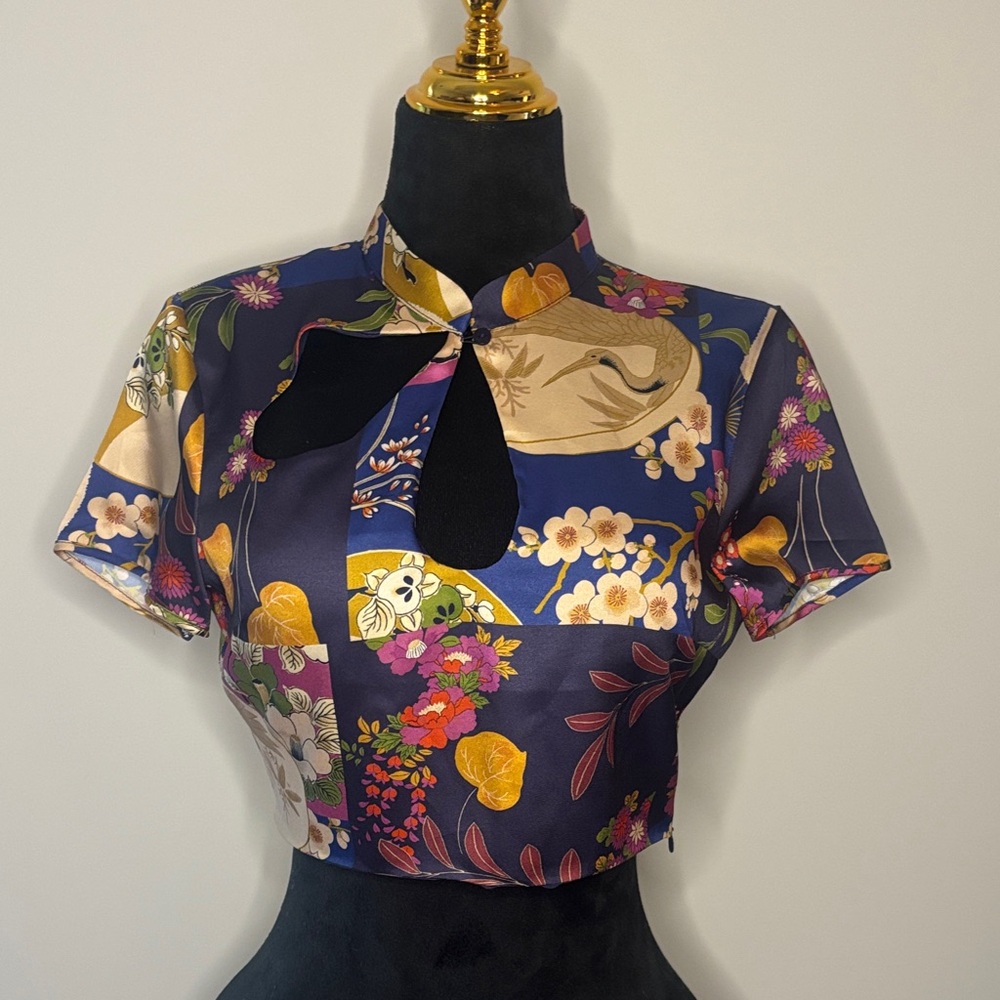 Floral Patchwork Satin Crop Top with Keyhole Neck